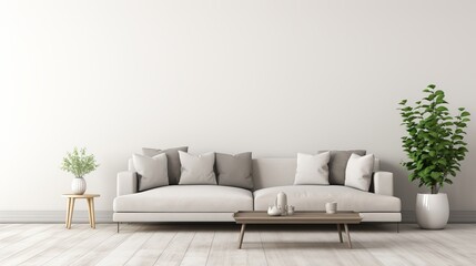 Gray sofa in white living room with blank table for mock up