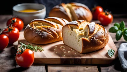 Fotobehang Homemade bread (rye and wheat) with tomatoes, healthy breakfast or snack on a wooden table, © Perecciv