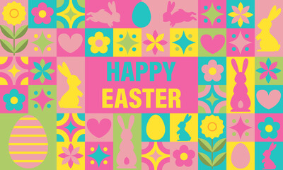 Fototapeta na wymiar Happy Easter mosaic banner. Horizontal poster, greeting card, header for website. Modern neo geometric abstract background. Vector illustration