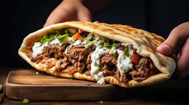 Fototapeta Greek street food gyros in hand greek and mediterranean cuisine with meat in pita