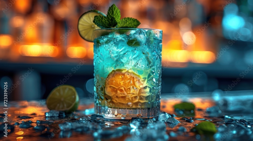 Poster a close up of a drink with a lime and mint garnish on a table with ice cubes and a blurry background