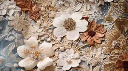 Obraz na płótnie Canvas Intricate floral details and rich textures of vintage fabrics, such as lace, embroidery, or tapestries, highlighting their timeless elegance
