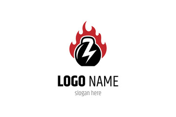 Gym fitness logo design with kettle bell and thunder symbol in negative space. Fitness and bodybuilding club logo template.