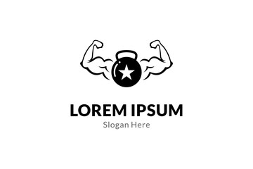 Gym fitness logo design with barbell star icon and strong hands combination. Fitness and bodybuilding club logo template.