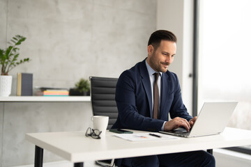 Adult businessman in suit working at desk in office