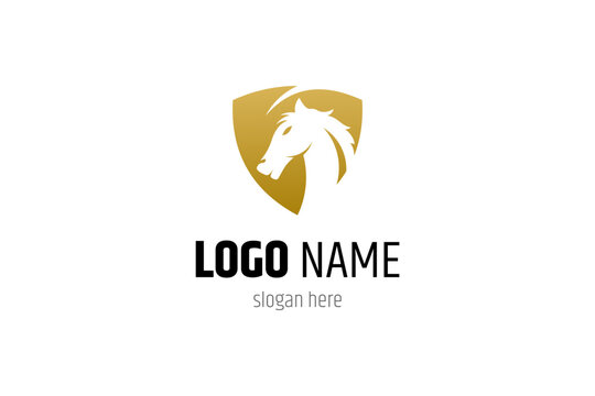 Horse logo inside a shield with gold color gradient concept in flat vector design template style.