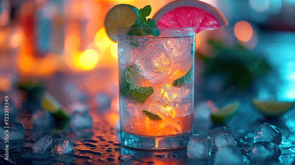 Poster a close up of a drink in a glass with ice and a slice of grapefruit on a table with a blurry backgro