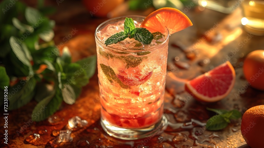 Aufkleber a close up of a drink in a glass with a slice of grapefruit and mint on a table next to oranges and 