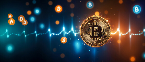 Background with indistinct bokeh, featuring abstract bitcoin symbols related to financial technology and dynamic streaks of technology