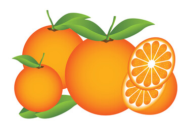 Orange vector, flat slice icon on white background. Illustration of fresh orange, vector. Orange fruit vitamin C. Realistic orange with green leaf. Orange vector illustration.