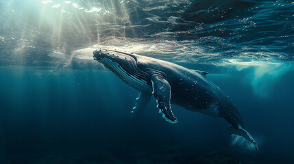 World oceans day. A Humpback Whale in Blue Water.