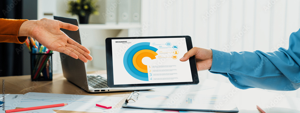 Poster startup company employee working together using tablet analyzing bi dashboard paper on financial dat
