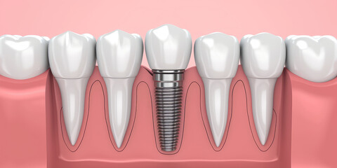 3D Render of a Dental Implant in Jaw, pink background with copy space. Detailed illustration of a dental implant in the gum line among natural teeth.