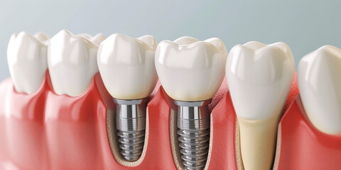 Fototapeta na wymiar 3D Render of a Dental Implant in Jaw, grey background with copy space. Detailed illustration of a dental implant in the gum line among natural teeth.