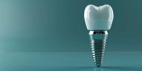 3D Render of a Dental Implant in Jaw, blue background with copy space. Detailed illustration of a dental implant in the gum line among natural teeth. - obrazy, fototapety, plakaty