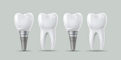 3D Render of a Dental Implant in Jaw, grey background with copy space. Detailed illustration of a dental implant in the gum line among natural teeth.