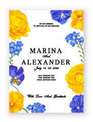 Bright wedding invitation design with realistic flowers of ranunculus, viola and forget-me-not. Floral templates frame and background for your product design, gift cards, covers, social media posts