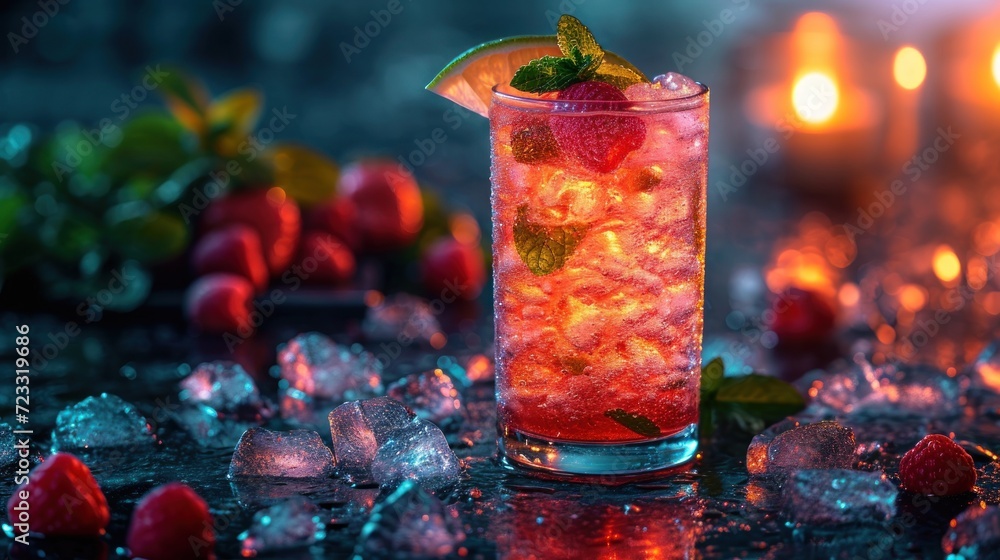 Poster a close up of a drink in a glass with ice and strawberries on a table with lit candles in the backgr