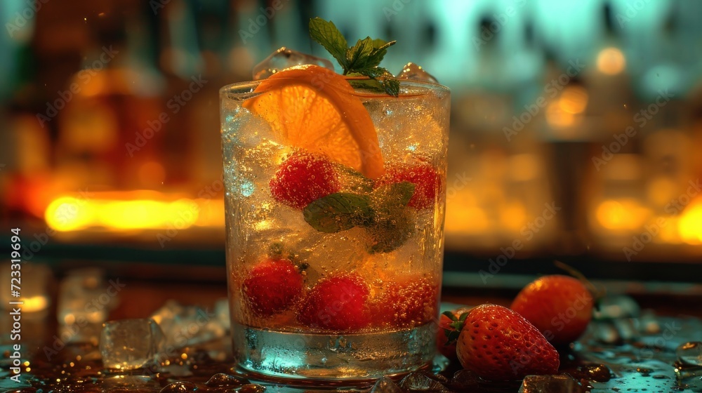 Poster  a glass filled with ice and strawberries on top of a table next to another glass filled with ice and strawberries on top of a table next to another glass filled with ice and strawberries.