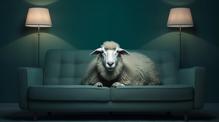 Schaf sitzt auf Sofa. Zwei Lampen im Hintergrund. Illustration in kühlem Grün