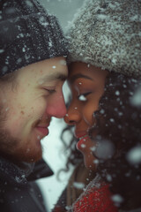 Side shot of a Mixed Couple with beanies kissing in the cold while snow is falling