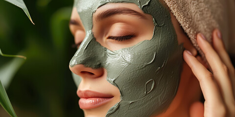Applying a Nourishing Green Facial Mask. Close-up of a woman's face being brushed with a rejuvenating green mask. - Powered by Adobe