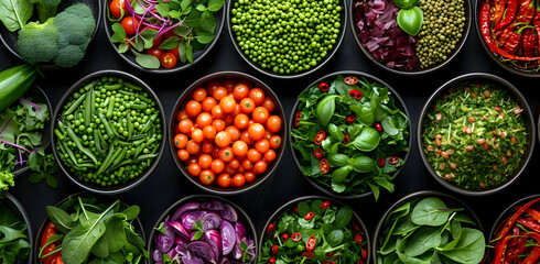 A variety of healthy foods, including different types of vegetables, are grouped together in bowls on a black table.