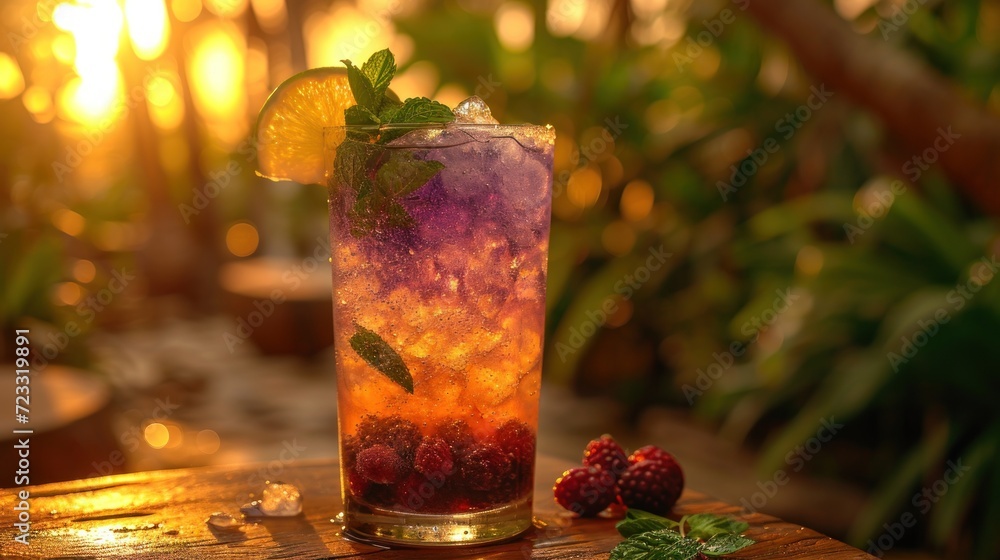 Poster a close up of a drink on a table with a strawberries and mint garnish on the rim and a lemon slice o