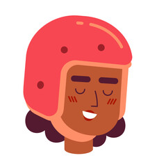 Black female cyclist safety helmet 2D vector avatar illustration. African american woman cartoon character face portrait. Cycling sportswear flat color user profile image isolated on white background