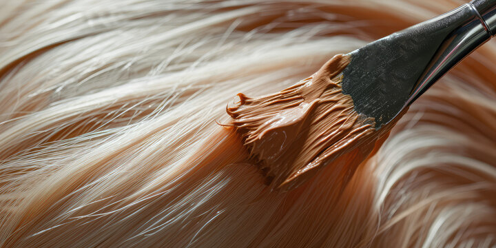 Close-Up of blonde Hair Dye Application with Brush. High-detail view of hair strands being colored. Wallpaper abstract background.