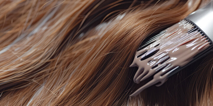 Close-Up of brunette Hair Dye Application with Brush. High-detail view of hair strands being colored. Wallpaper abstract background.