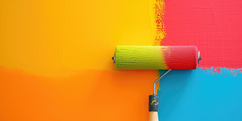 Colorful Paint Roller on Multicolored Surface. Paint roller applying yellow blue on a multicolored wall, close-up, simple, banner template with copy space.
