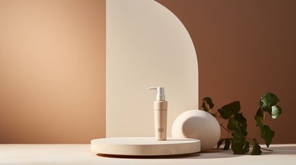 Mock-ups of white empty bottles without cosmetics on the podium to demonstrate products, the concept of body or face care, a white bottle for cream or shampoo