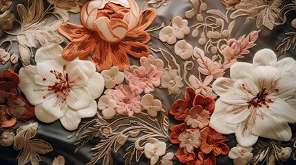 Intricate floral details and rich textures of vintage fabrics, such as lace, embroidery, or tapestries, highlighting their timeless elegance