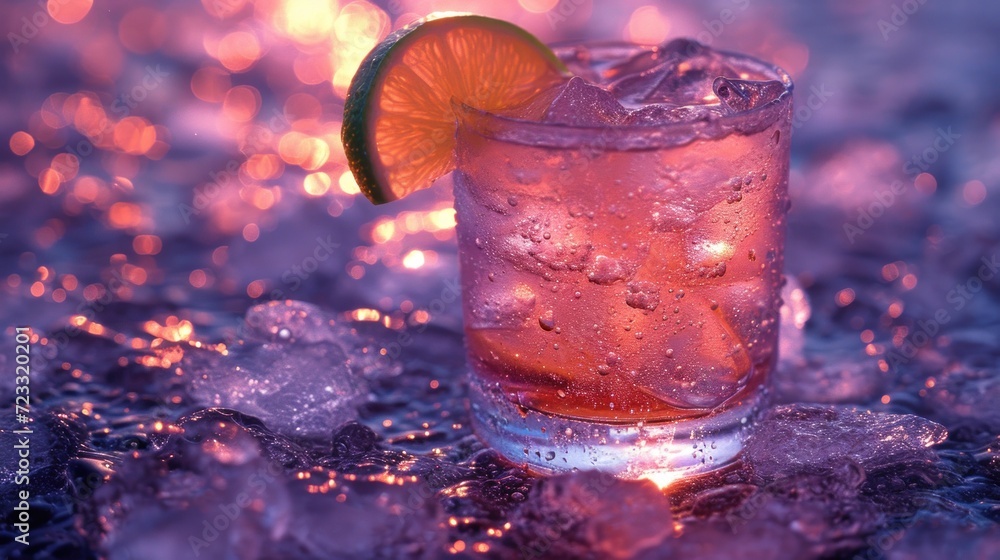 Poster a close up of a drink with a slice of orange on the rim and ice cubes on the ground in front of a bl