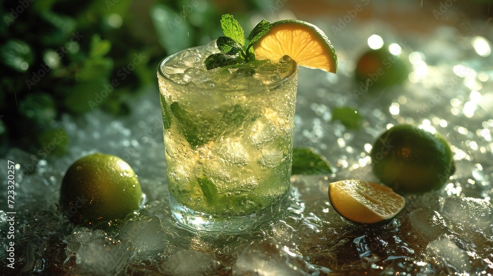 Poster a close up of a drink on a table with limes and a slice of lime on the side of the glass and a lime 