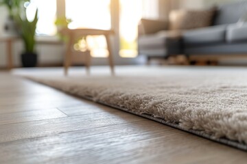 Decorative carpet laid on laminate wood floor in living room