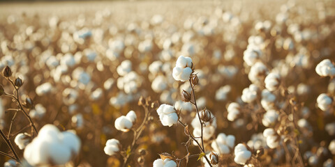 Sunset Glow over Cotton Field. Cotton bolls illuminated by the warm light of sunset in a field.