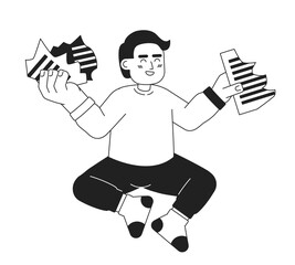 Laughing caucasian toddler tears paper black and white 2D cartoon character. Child playing. Naughty kid giggles isolated vector outline person. Childhood behavior monochromatic flat spot illustration