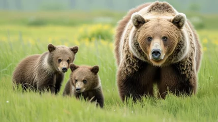 Foto op Aluminium brown bear cub, Experience the awe-inspiring beauty of a Brown bear, ursus arctos, mother and her two playful cubs on a sprawling green meadow © SANA