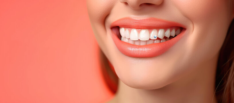 Woman's White Smile with Rhinestone Tooth Decoration. Close-up of a smiling woman's mouth with a sparkling rhinestone on her tooth, banner template, copy space. 