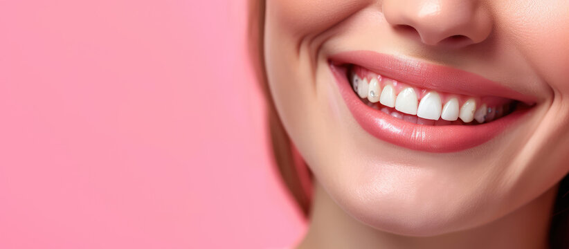 Woman's White Smile with Rhinestone Tooth Decoration. Close-up of a smiling woman's mouth with a sparkling rhinestone on her tooth, banner template, copy space. 