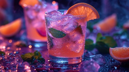  a close up of a drink in a glass with a slice of orange on the rim and mint sprigs on the rim of the glass and on the side. - obrazy, fototapety, plakaty