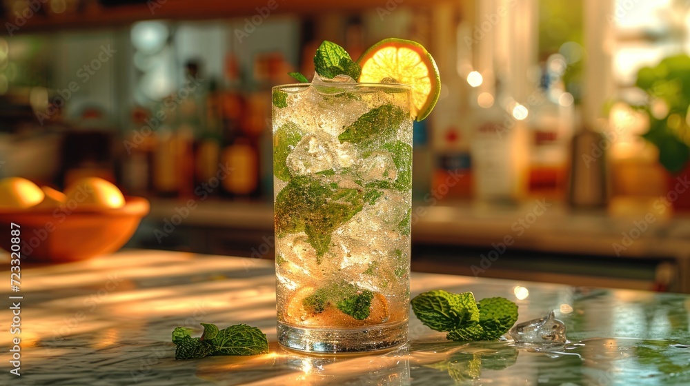 Poster a close up of a drink on a table with a lemon and mint garnish garnish on the rim and a bowl of oran