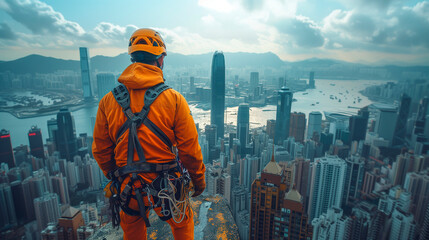 Rear view of a worker in safety uniform and safety helmet on top of a building. Builder or building maintenance. City background with buildings and skyscrapers.