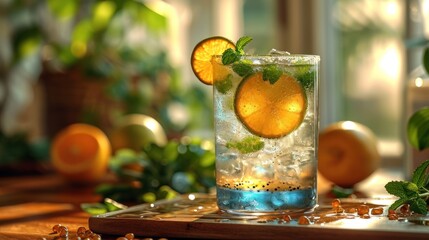  a close up of a glass of water with lemons and mints on a table next to oranges and a potted plant in a window sill.