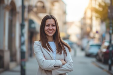 Young happy pretty smiling professional business woman, happy confident positive female entrepreneur standing outdoor on street arms crossed, looking at camera, 