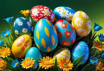 Fototapeta na wymiar Vector illustration Easter decorations, colorfully painted and decorated Easter eggs and spring flowers on a wood background, Empty space for typography and logo.
