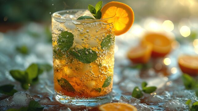  a close up of a drink in a glass with a slice of orange and mint on a table with other oranges and mints on the side of the glass.