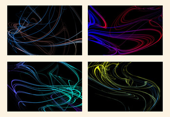 Spilled oil paint flickers on a black background, brush strokes. Abstract geometric illustration of felt-tip pen doodle waves with gradient on dark background. Set of 4 backgrounds.